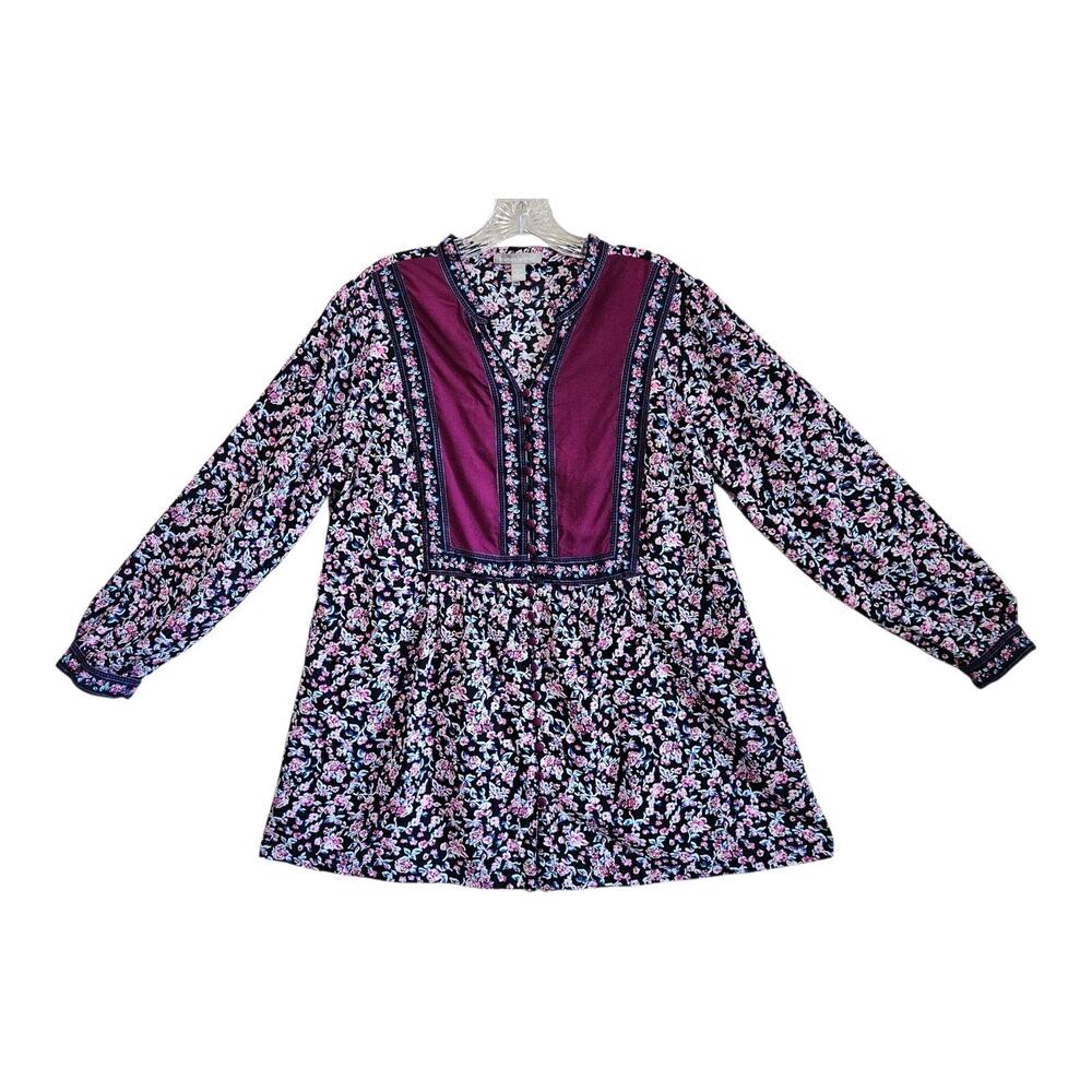 WOMAN WITHIN Women 14 16 Tunic Top Peasant Floral Purple Blue Pink Button Up 40"